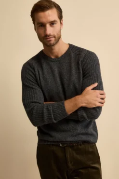 Girocollo Raglan con Motivo a Coste in Misto Lana Vergine - BLU