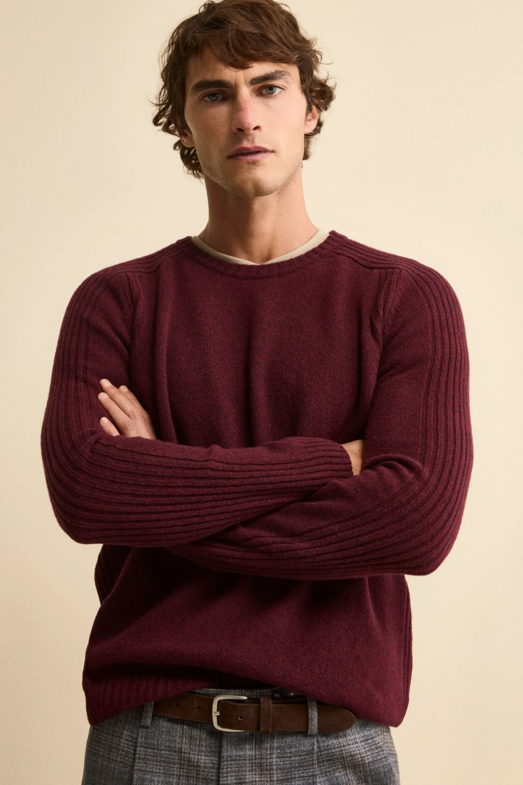 Girocollo Raglan con Motivo a Coste in Misto Lana Vergine - BORDEAUX