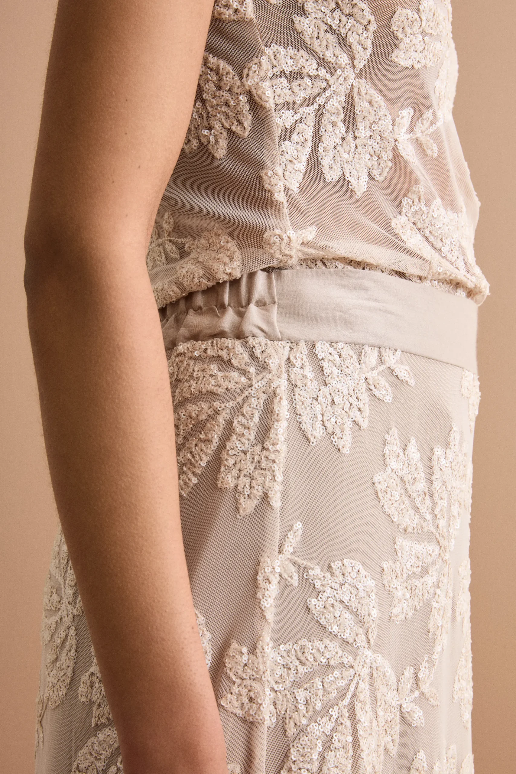 Gonna Lunga in Tulle con Paillettes - ECRU