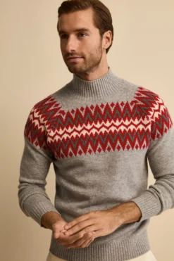 Lupetto Jacquard Norvegese in Lana Merino - GRIGIO/ROSSO