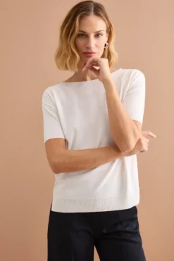 Maglia Barchetta Boxy con Costine - BIANCO