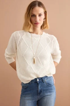 Maglia Barchetta in Cotone con Motivo a Rombi - BIANCO