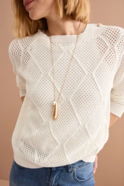 Maglia Barchetta in Cotone con Motivo a Rombi - BIANCO