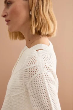 Maglia Barchetta in Cotone con Motivo a Rombi - BIANCO