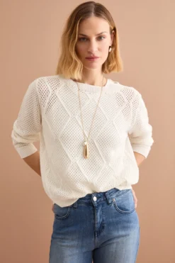 Maglia Barchetta in Cotone con Motivo a Rombi - BIANCO