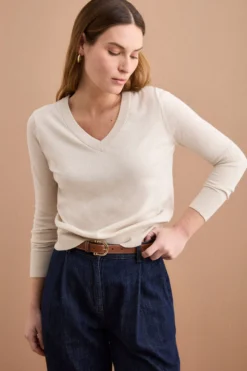 Maglia Boxy in Cotone con Scollo a V - NATURALE