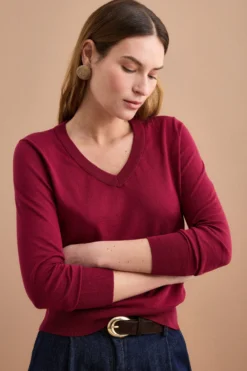 Maglia Boxy in Cotone con Scollo a V - BORDEAUX