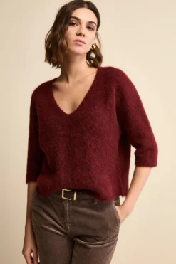 Maglia Boxy Scollo a V in Misto Alpaca - BORDEAUX