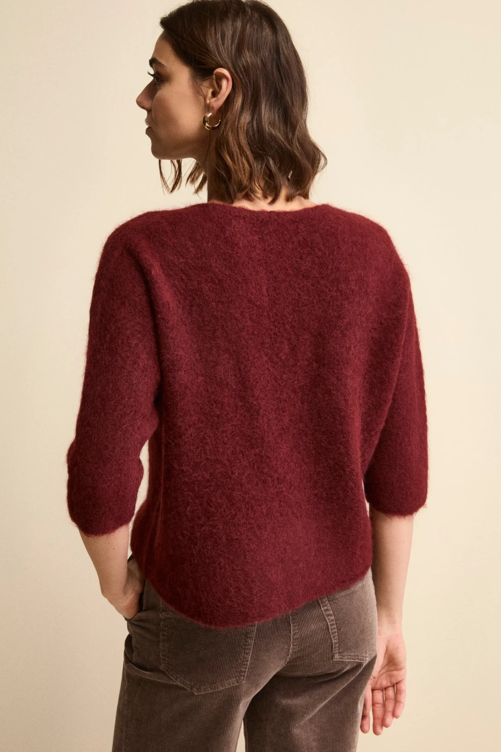 Maglia Boxy Scollo a V in Misto Alpaca - BORDEAUX