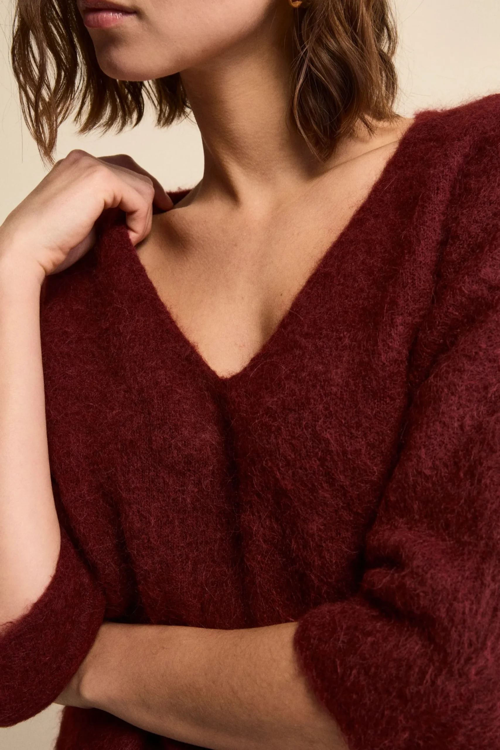 Maglia Boxy Scollo a V in Misto Alpaca - BORDEAUX