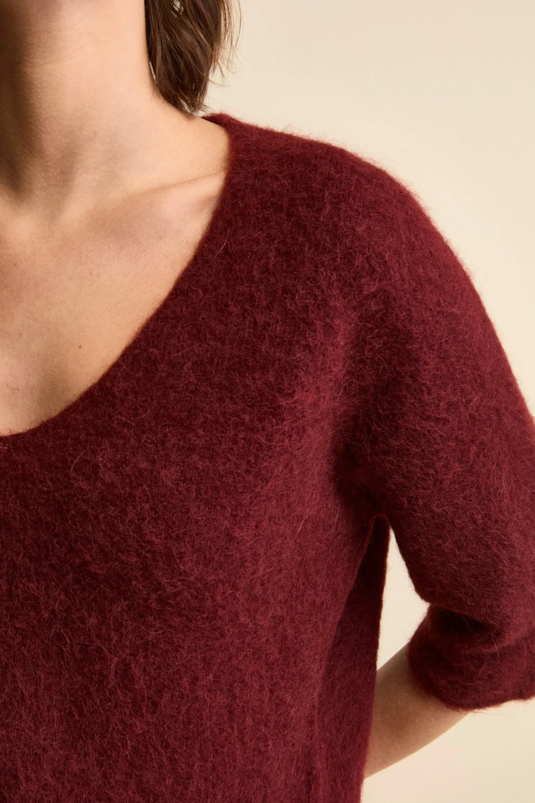 Maglia Boxy Scollo a V in Misto Alpaca - BORDEAUX