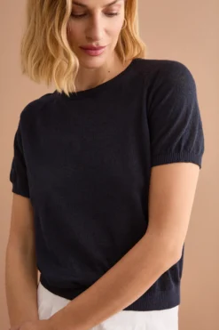 Maglia Cropped Boxy in Misto Lino - BLU