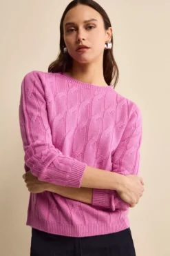 Maglia Girocollo a Trecce in Lana Merino - FUXIA