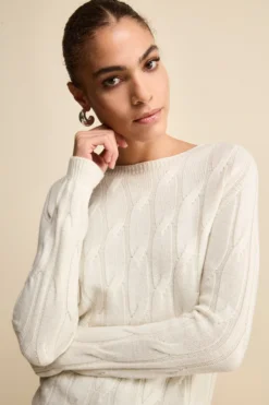 Maglia Girocollo a Trecce in Lana Merino - ECRU