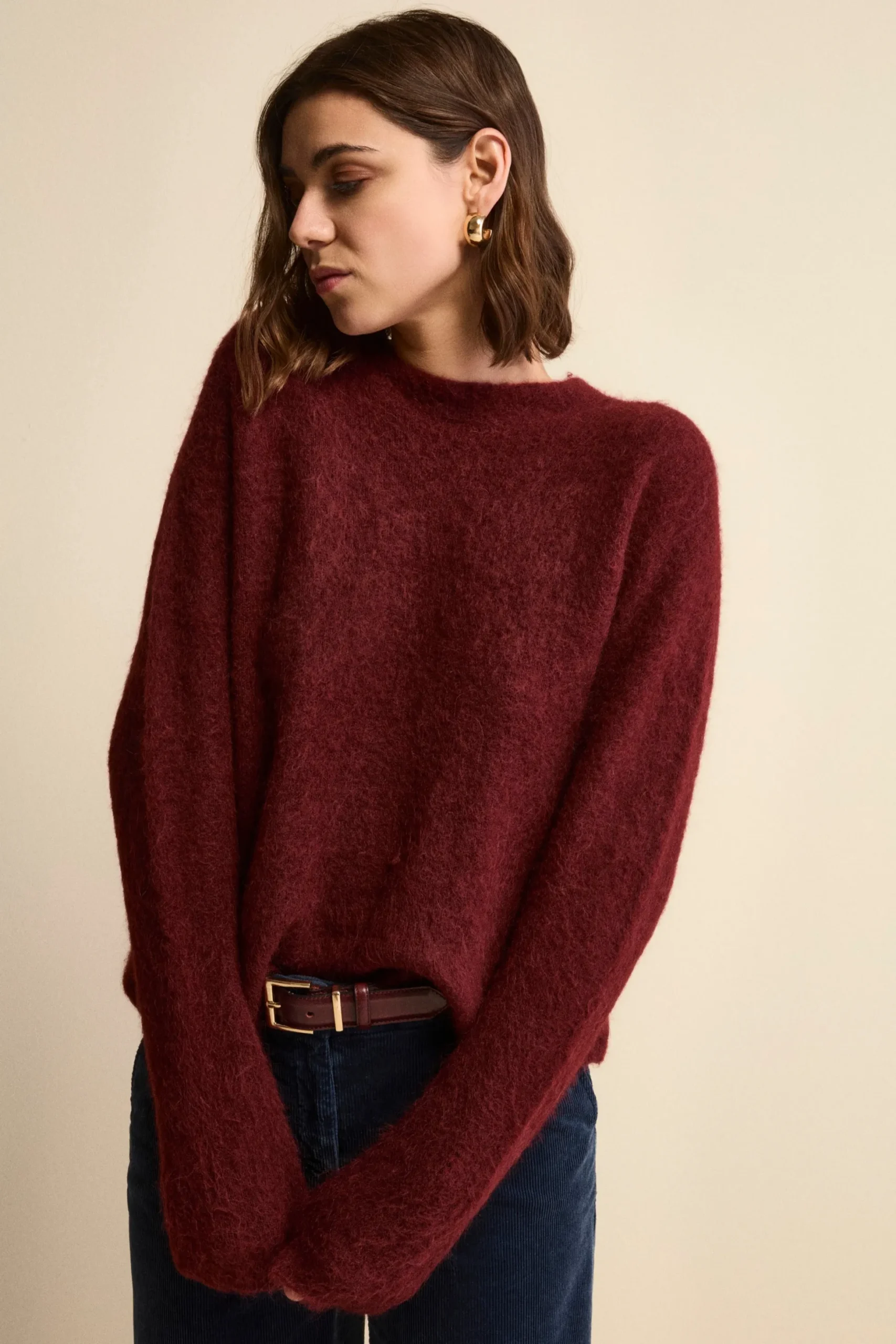 Maglia Girocollo Boxy in Misto Alpaca - BORDEAUX