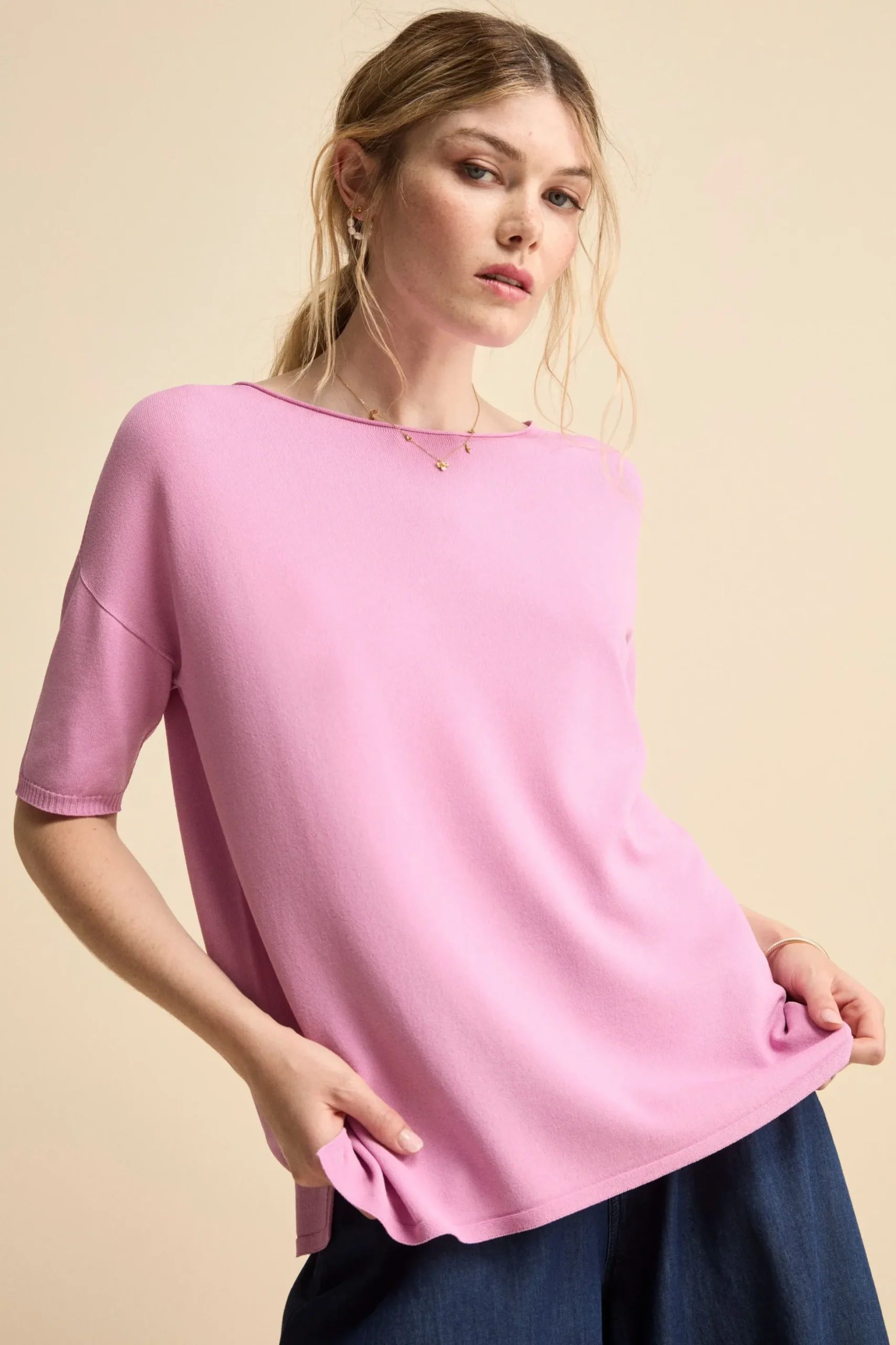 Maglia Girocollo Morbida con Maniche Corte - ROSA SCURO