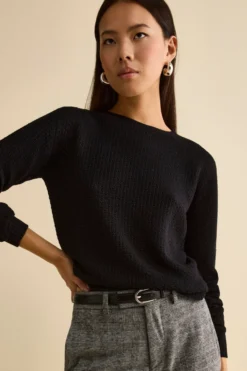 Maglia Girocollo Traforata in Lana Merino - NERO