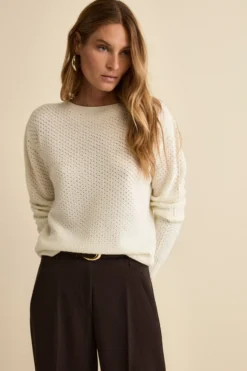 Maglia Girocollo Traforata in Lana Merino - ECRU