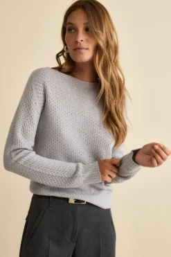 Maglia Girocollo Traforata in Lana Merino - GHIACCIO