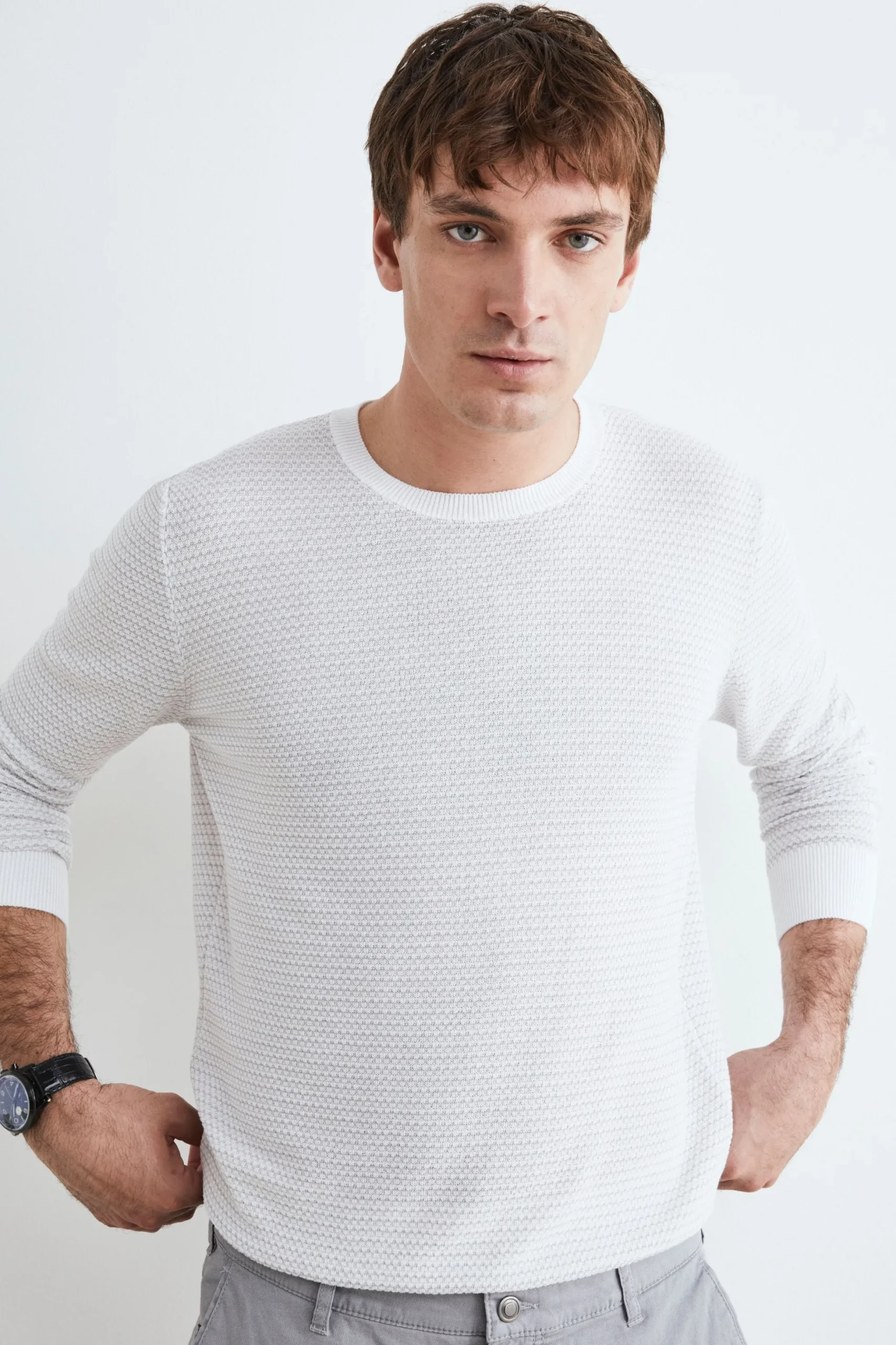 Maglia in cotone con texture - BIANCO/GRIGIO