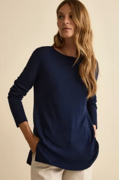 Maglia Lunga Girocollo in Lana Merino - NAVY