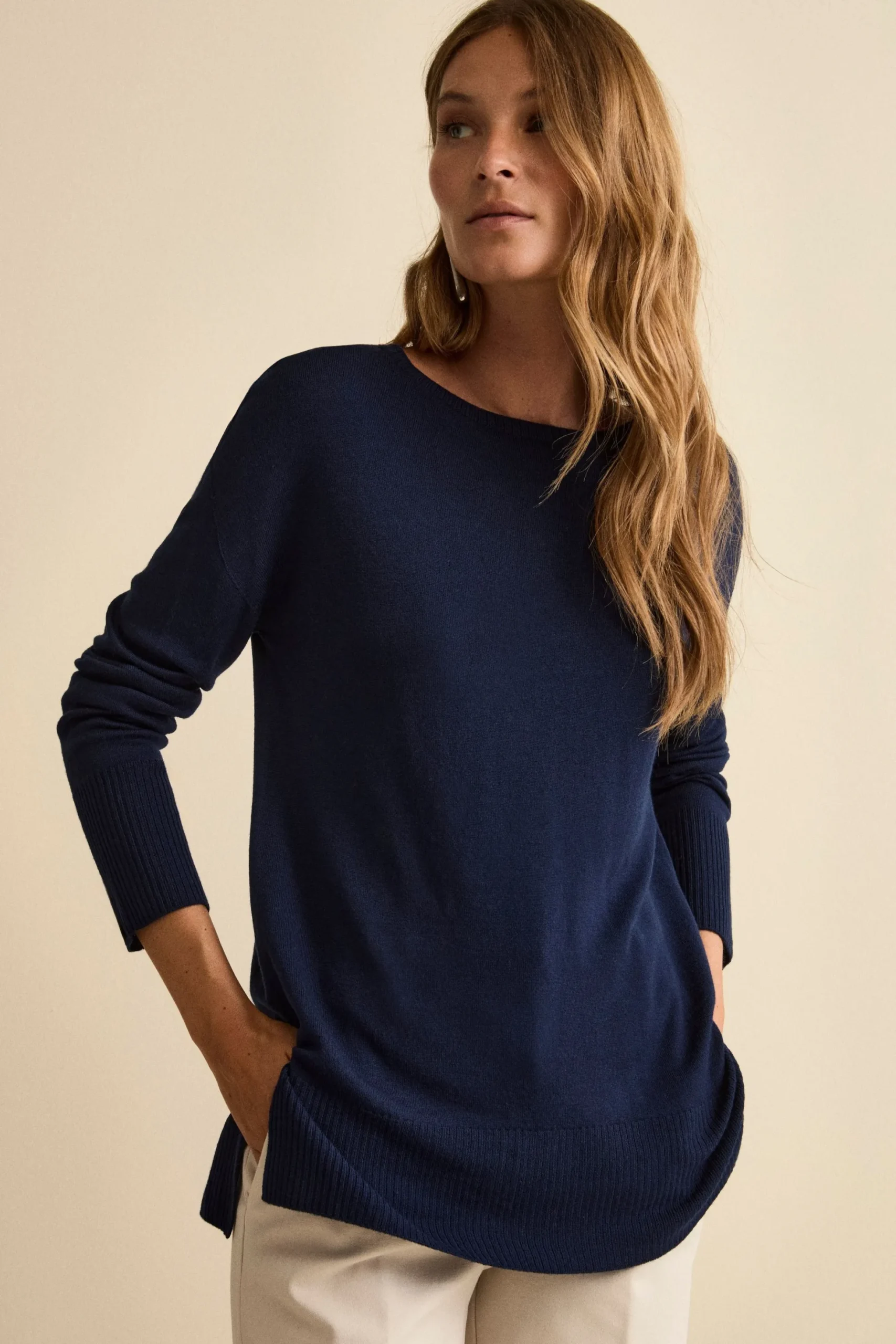 Maglia Lunga Girocollo in Lana Merino - NAVY