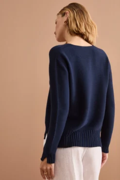Maglia Scollo a V con Dettagli a Costine - NAVY