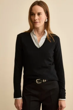 Maglia Scollo a V Extrafine in Seta e Cashmere - NERO