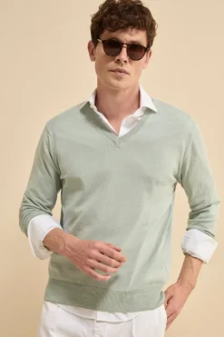 Maglia scollo a V in cotone con Bordi Lavorati - SALVIA