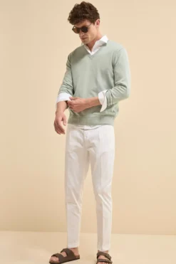 Maglia scollo a V in cotone con Bordi Lavorati - SALVIA