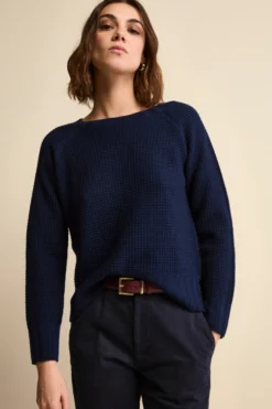 Maglia Scollo Barchetta in Lana Merino Lavorata - NAVY