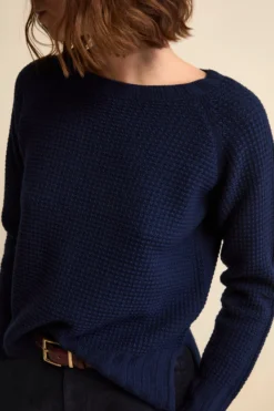 Maglia Scollo Barchetta in Lana Merino Lavorata - NAVY