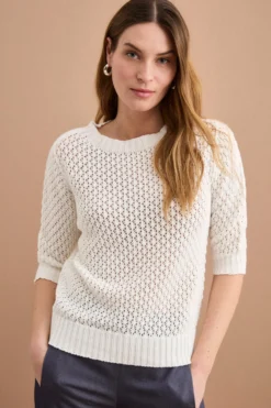 Maglia Traforata in Cotone con Scollo Barchetta - BIANCO