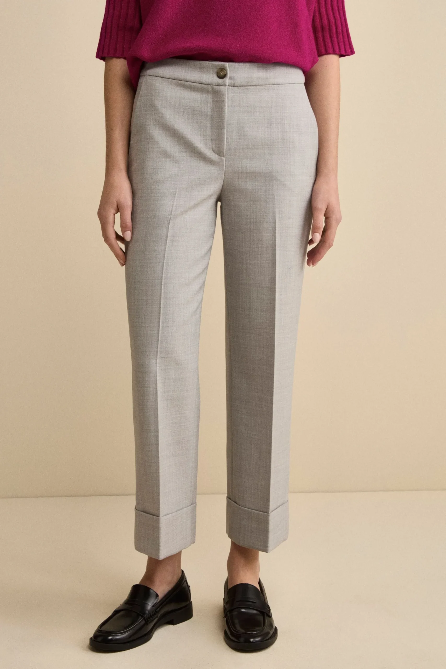 Pantalone a Gamba Larga con Risvolto in Misto Lana - GRIGIO CHIARO
