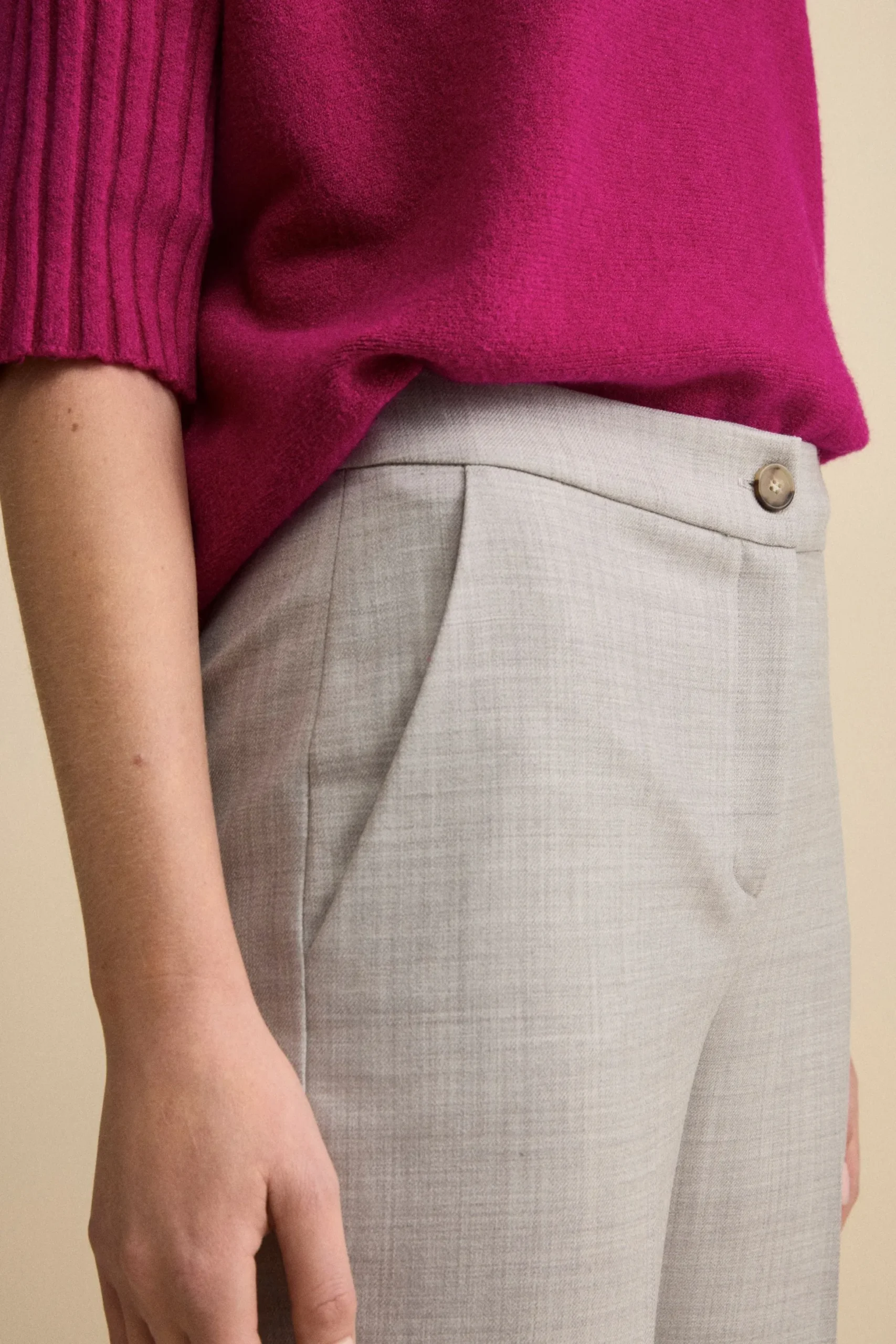 Pantalone a Gamba Larga con Risvolto in Misto Lana - GRIGIO CHIARO