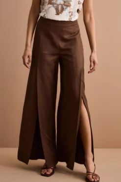 Pantalone Ampio da Cerimonia in Raso con Spacco - CIOCCOLATO
