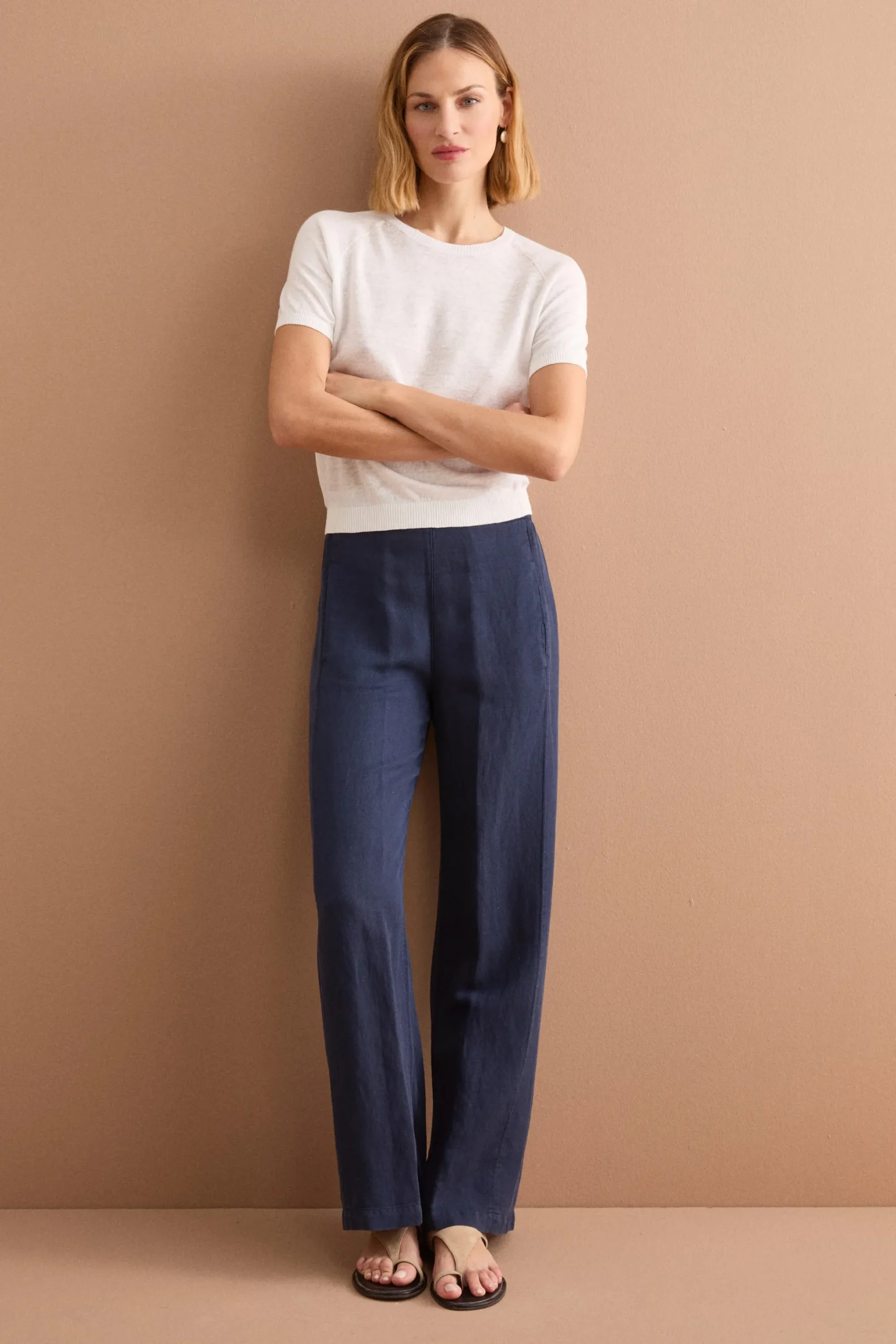 Pantalone Ampio in Misto Lino con Elastico - BLU