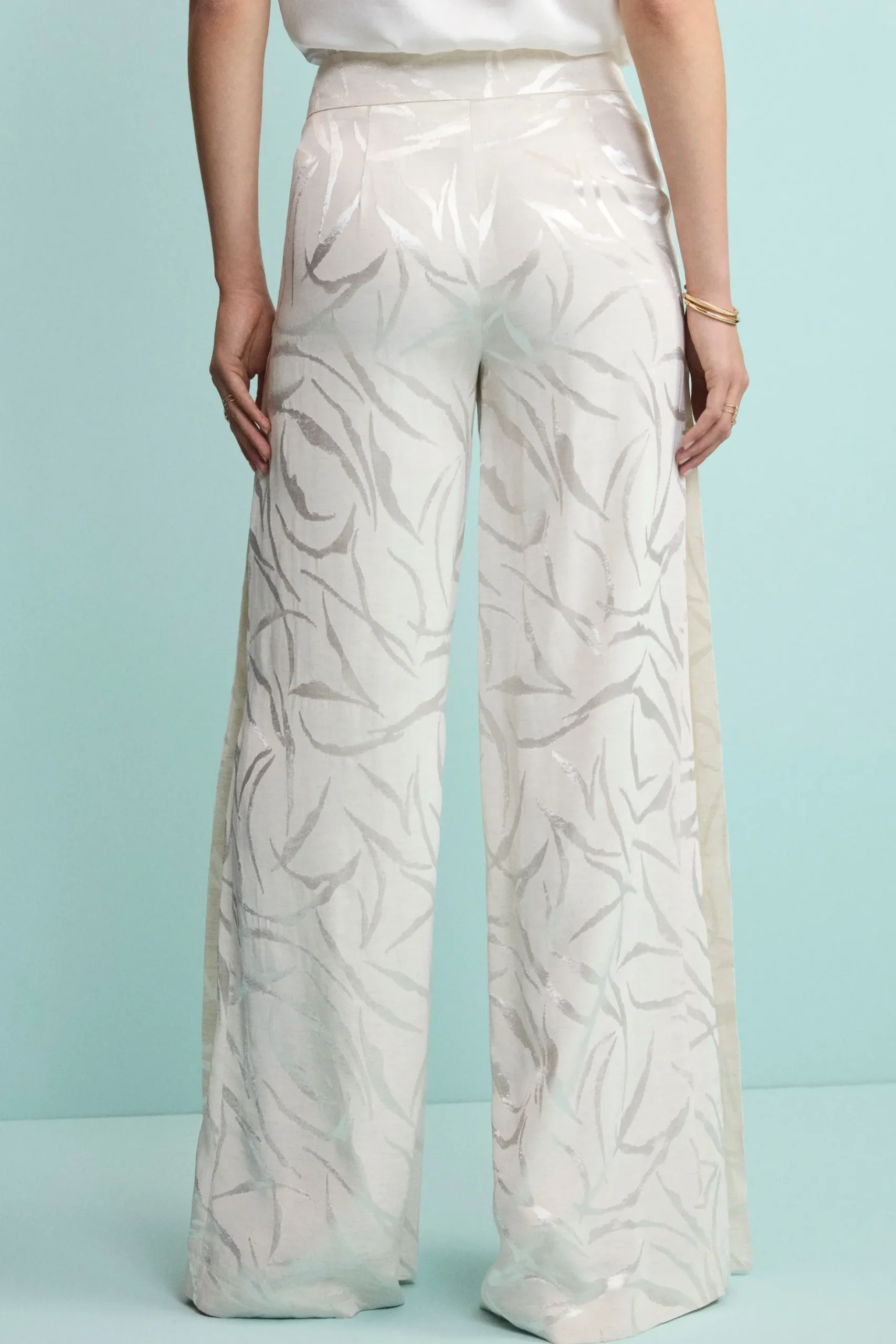 Pantalone Aperto Damascato in Misto Lino - ECRU