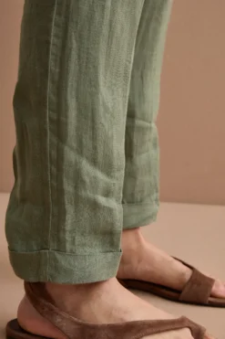 Pantalone a Sigaretta in Lino con Risvolto - VERDE MILITARE