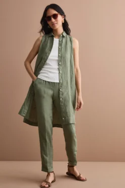 Pantalone a Sigaretta in Lino con Risvolto - VERDE MILITARE