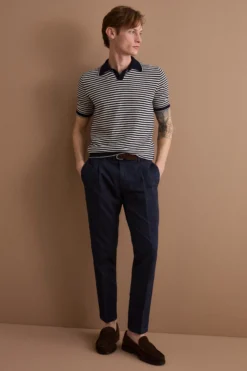 Pantalone Carrot in Misto Lino con Pinces e Risvolto - BLU