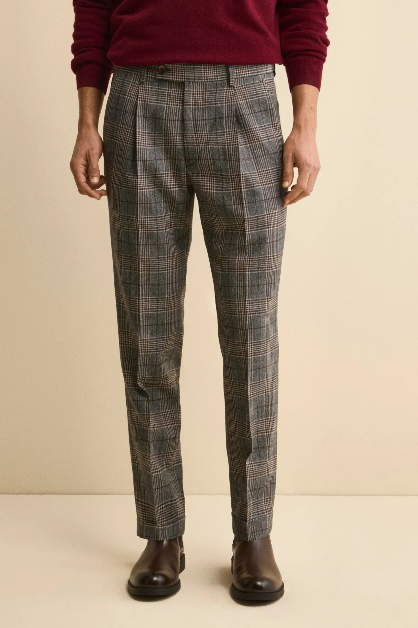 Pantalone Check in Lana con Pinces e Risvolto - GALLES MARRONE