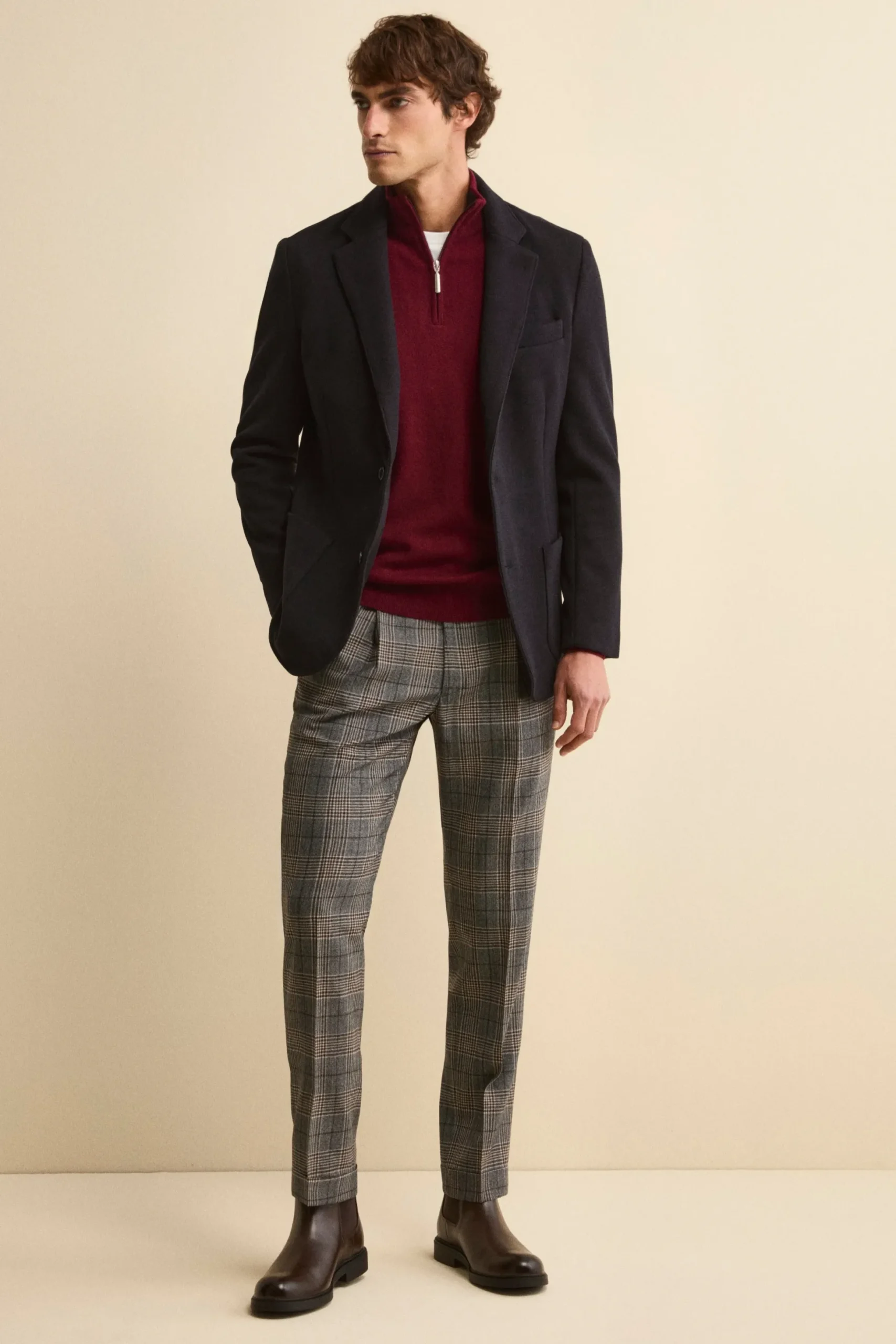 Pantalone Check in Lana con Pinces e Risvolto - GALLES MARRONE