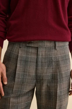 Pantalone Check in Lana con Pinces e Risvolto - GALLES MARRONE