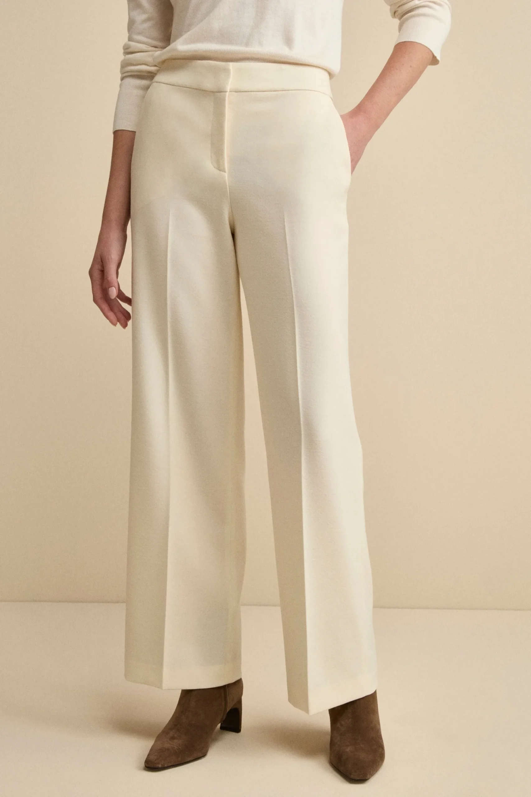 Pantalone con Pieghe a Palazzo in Misto Lana - PANNA