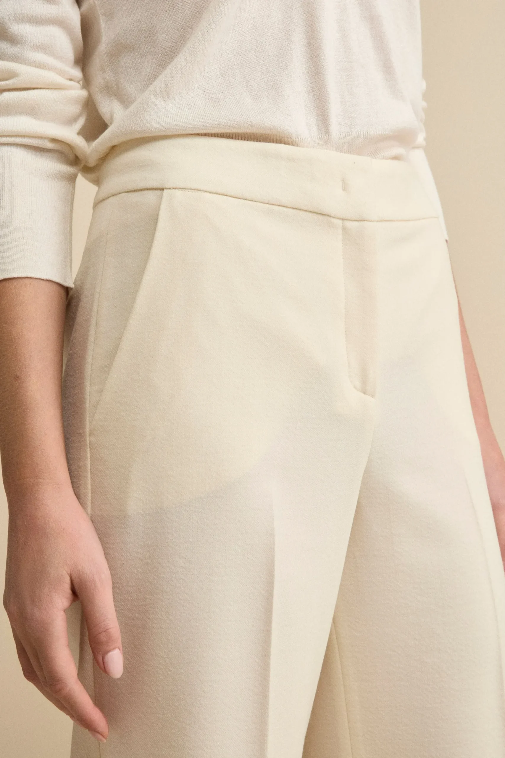 Pantalone con Pieghe a Palazzo in Misto Lana - PANNA