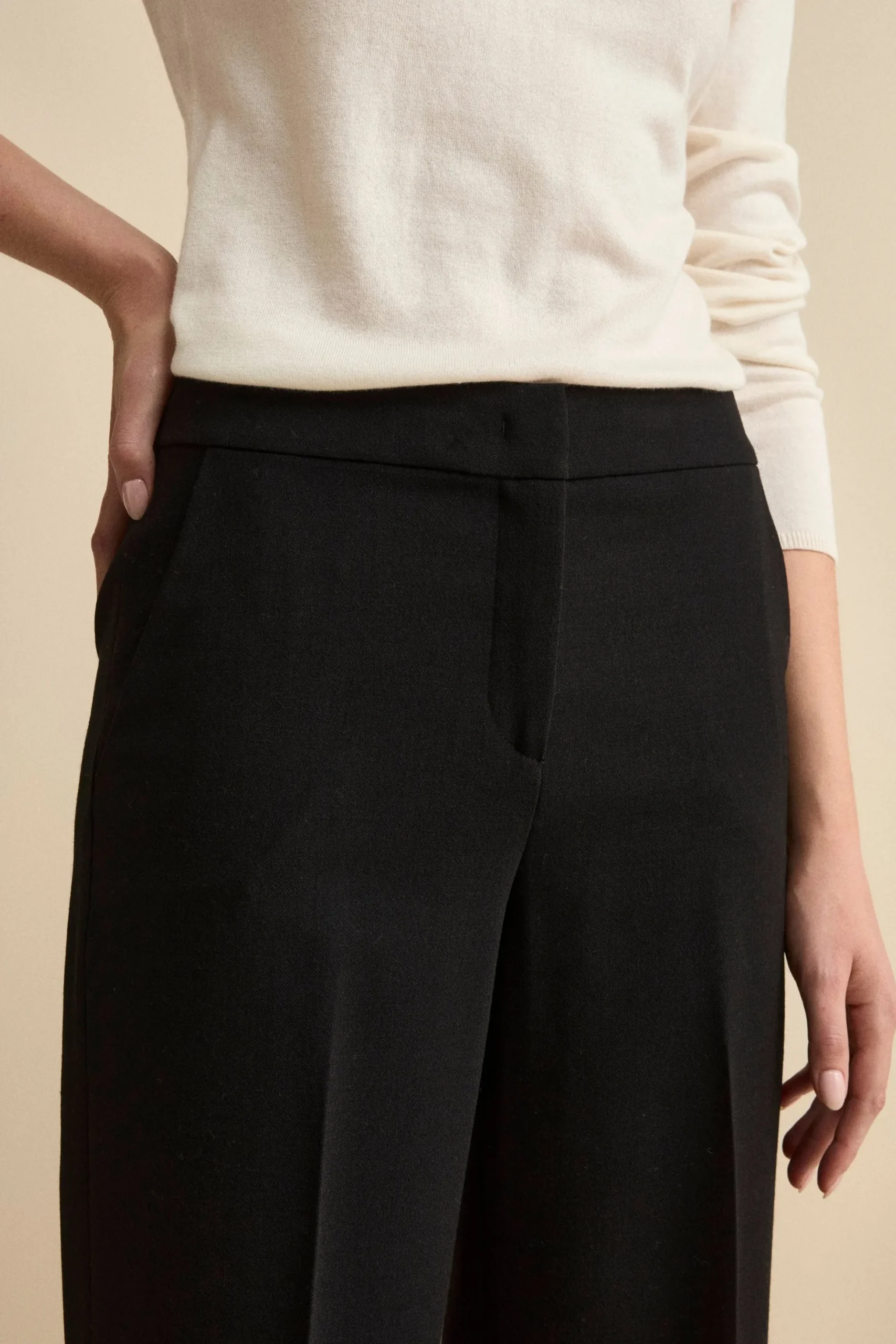 Pantalone con Pieghe a Palazzo in Misto Lana - NERO