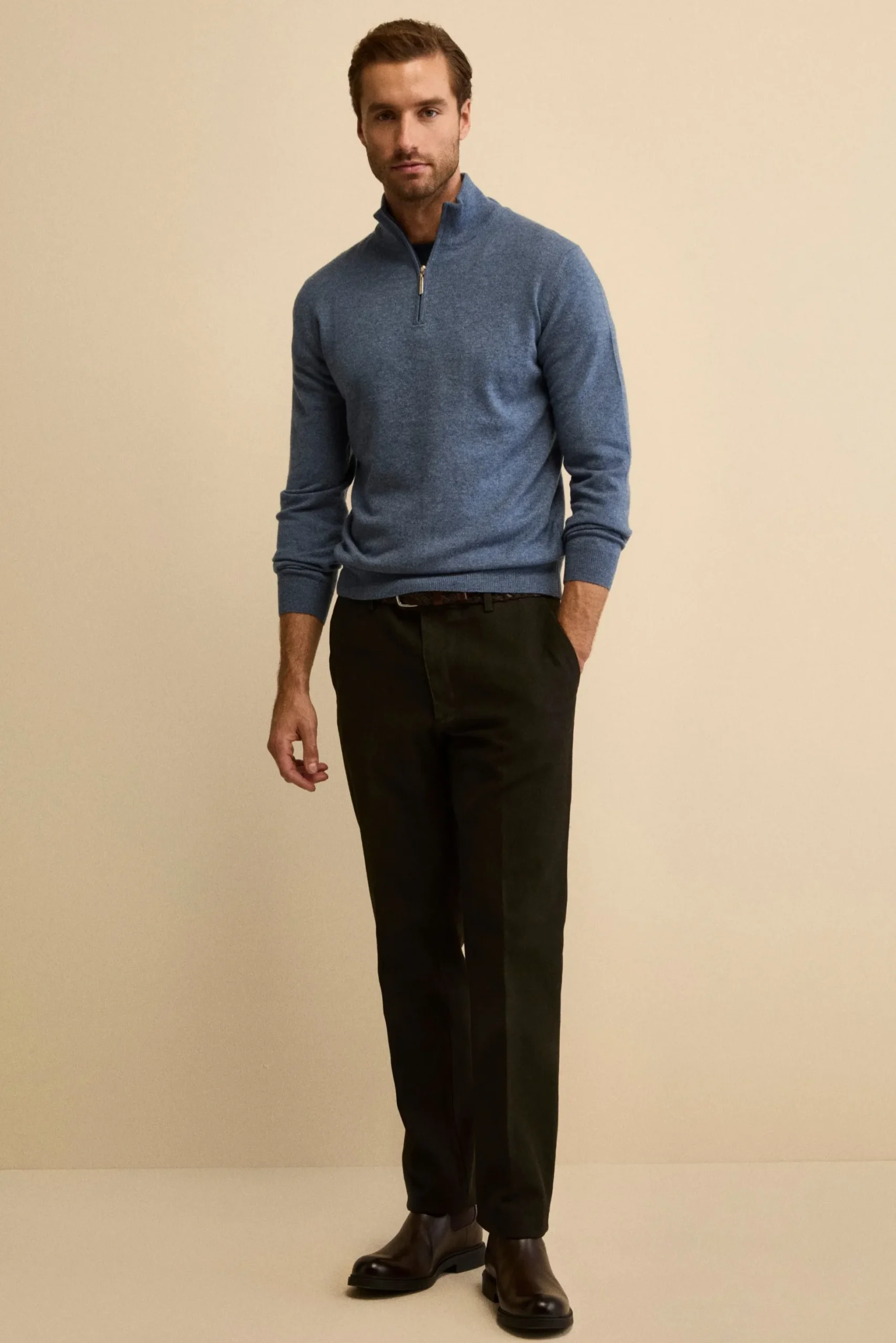 Pantalone con Pieghe Slim Fit in Cotone - T.MORO