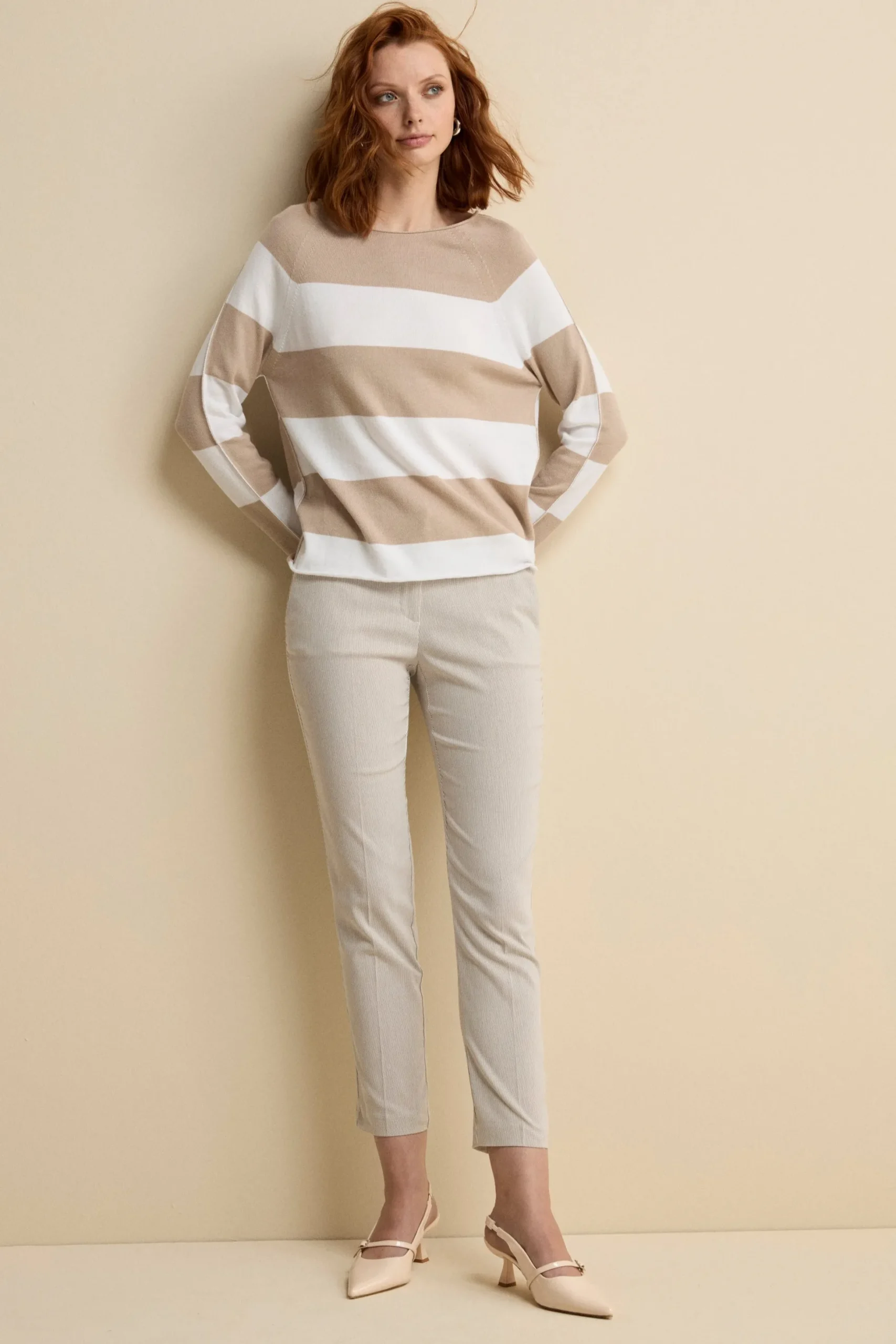 Pantalone Cropped in Bengalina - BEIGE RIGATO