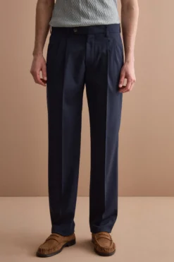Pantalone Gamba Dritta con Pinces in Misto Lana - BLU